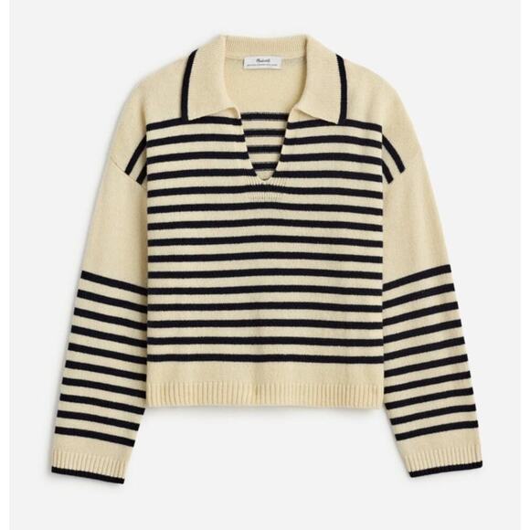 NWT Madewell Cashmere Wool Blend Polo Sweater V Neck in Ink Striped NS669 XXS - Picture 1 of 6